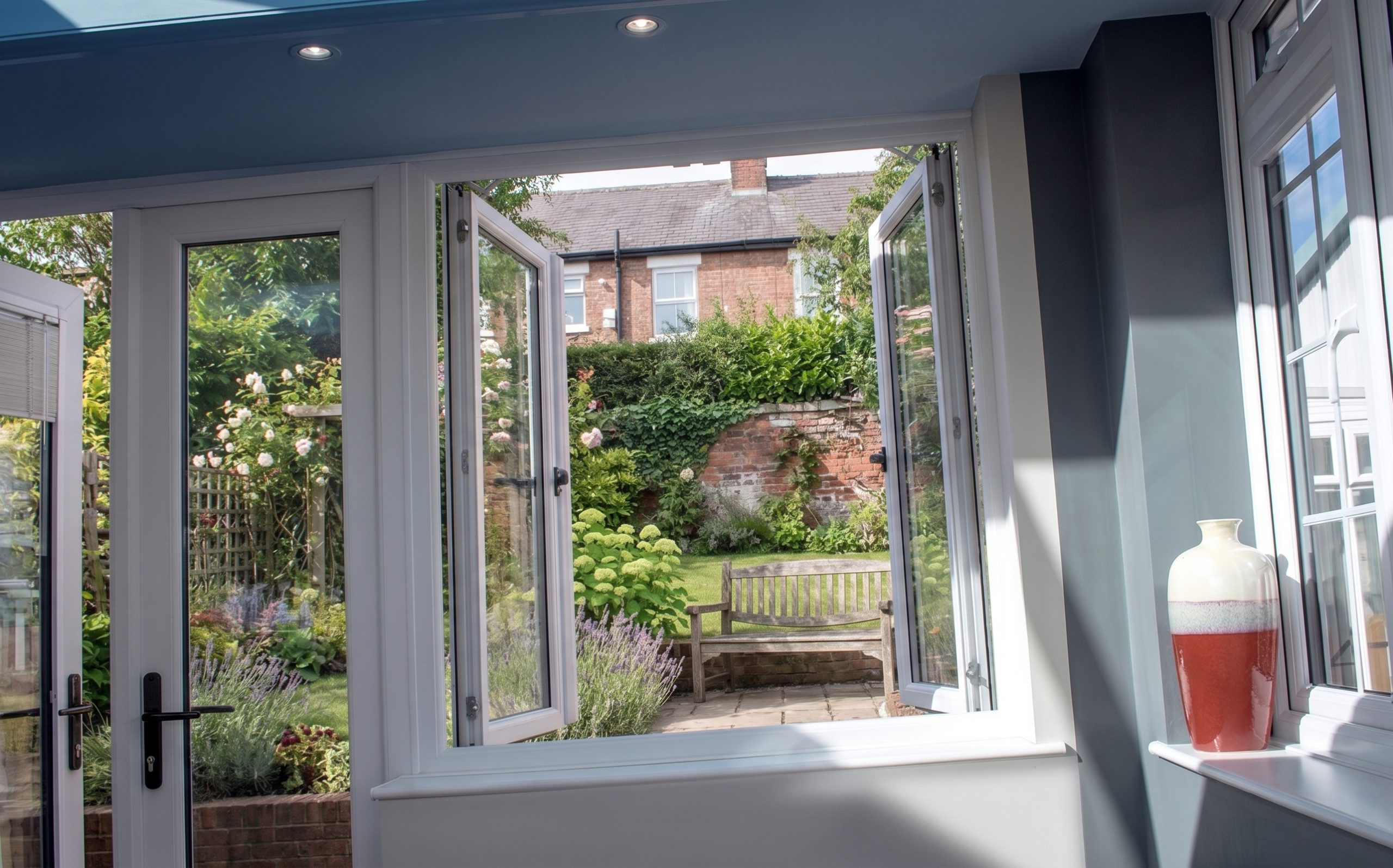 Internal room view looking outward through a newly fitted white uPVC French casement window.